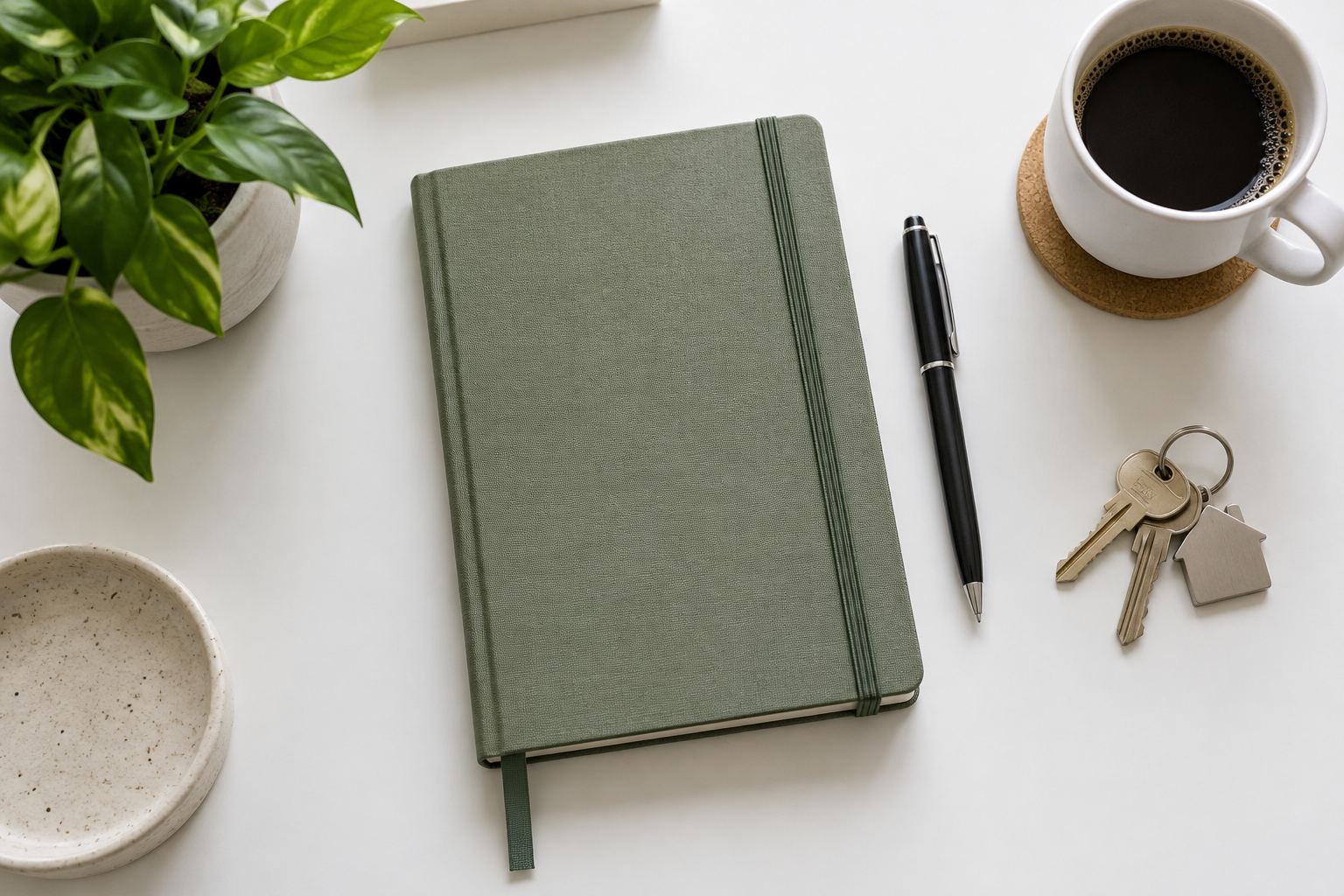 Desk flat-lay, illustrative
