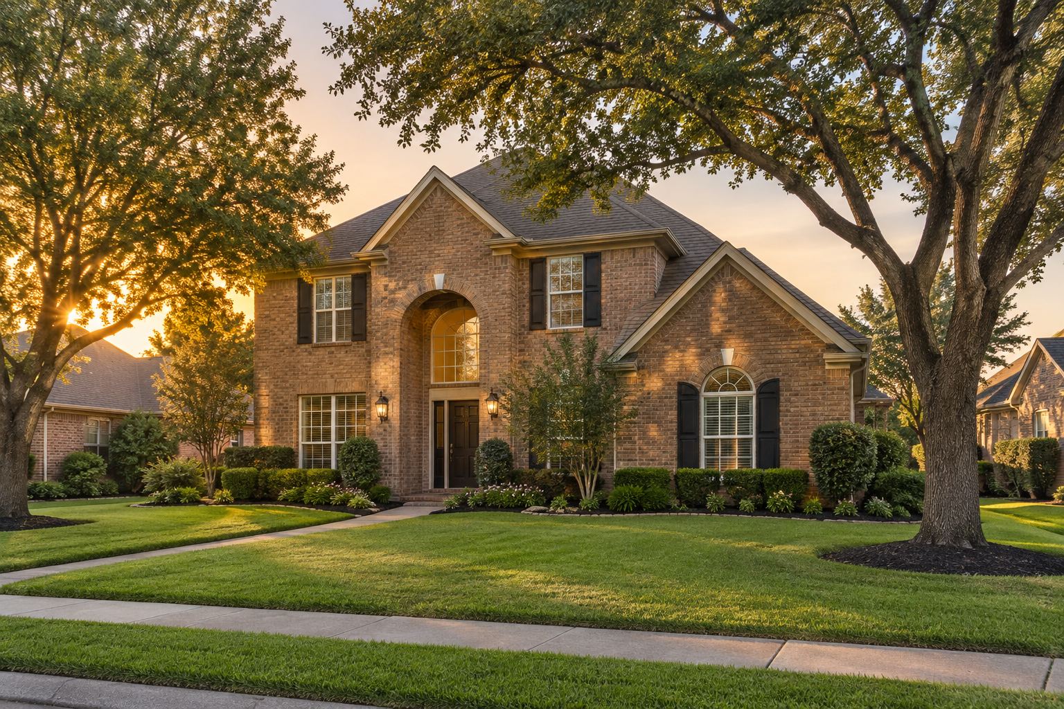 A brick Greater Houston home with a tree lined yard, illustrative
