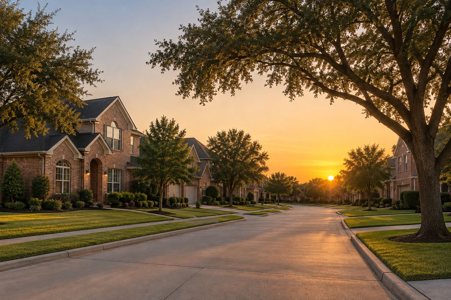 A Sugar Land residential street at sunset, illustrative