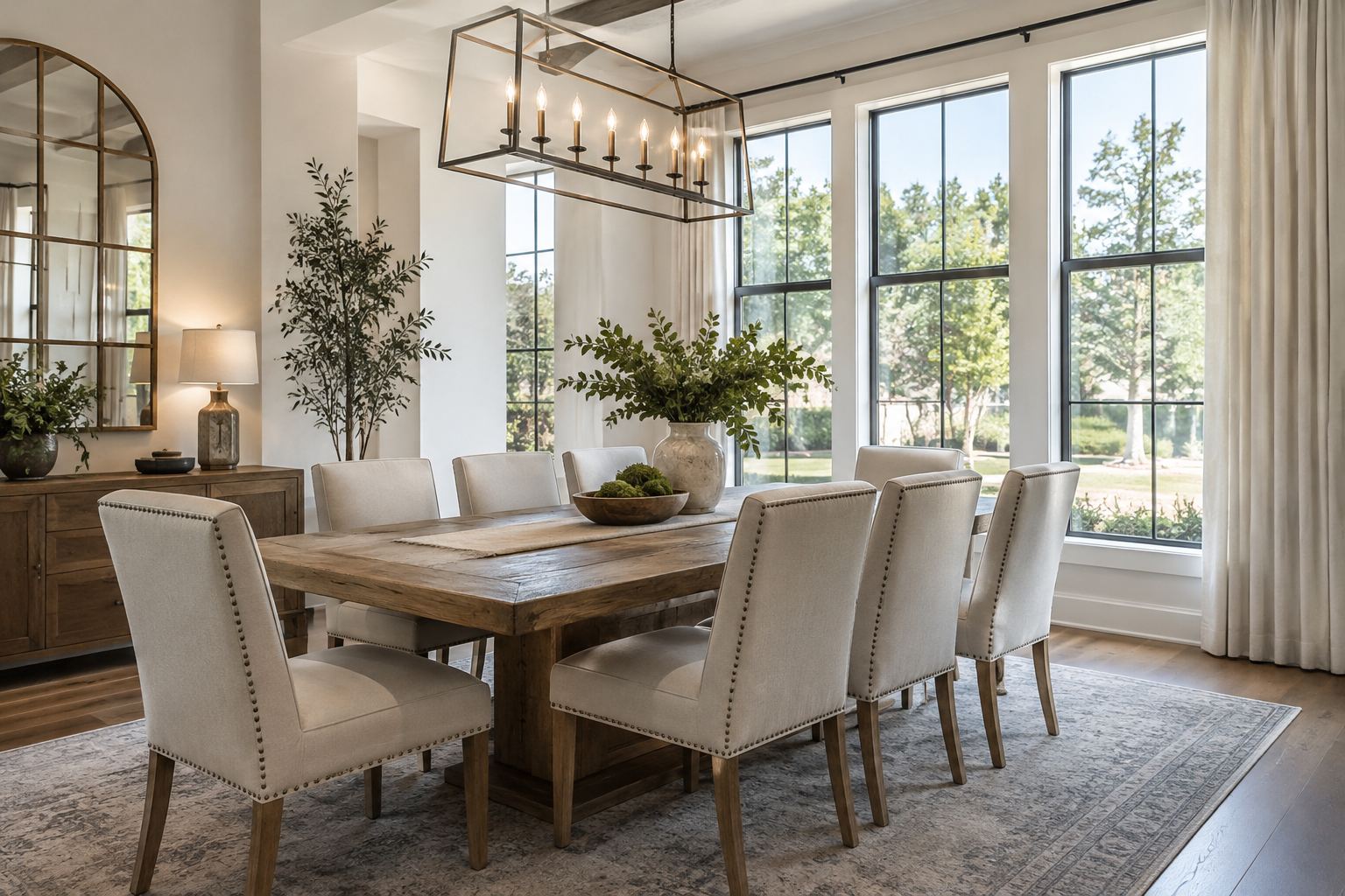 A bright dining room, illustrative
